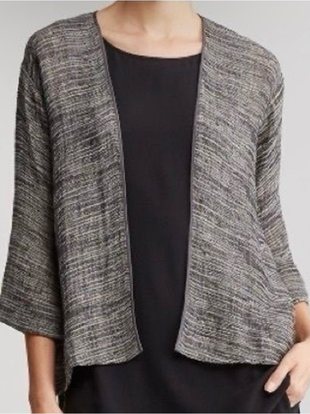 EILEEN FISHER Linen Gauze Open Front Lightweight Cardigan Gray Semi Sheer XL